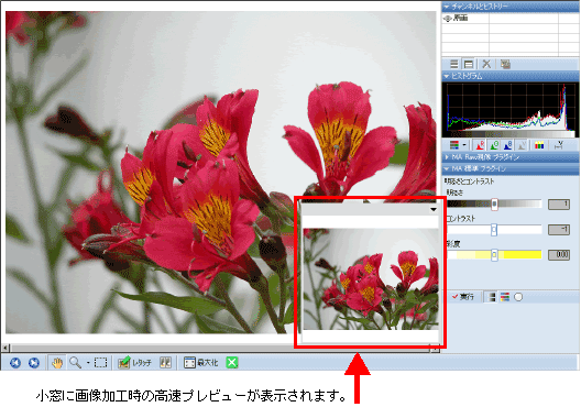 MediaAlbum!　レタッチ機能（画像加工）小窓に画像加工時の高速プレビューが表示されます。